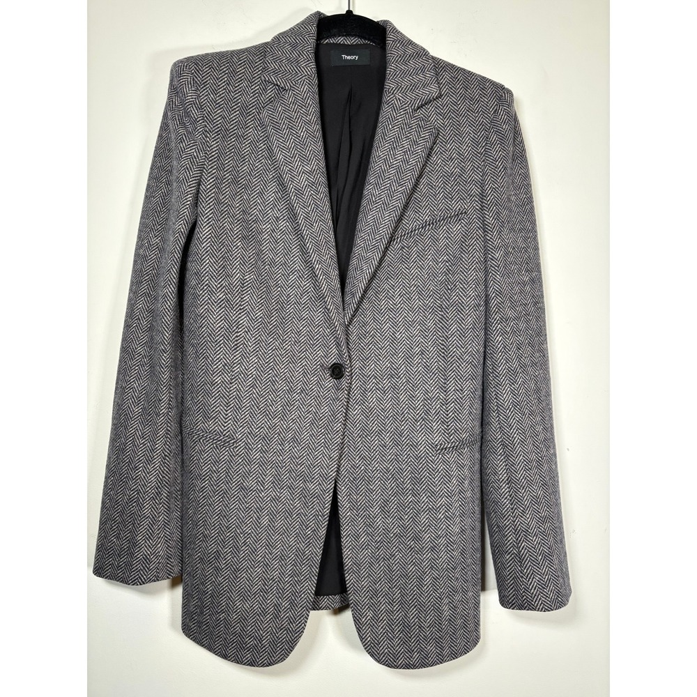 Theory Abbot Knit Blazer Grey Herringbone Wool Blend Slim Button Jacket Size 2